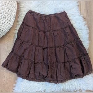 Vintage Fang Brown Tiered Cotton Midi Skirt S Grunge Lace Trim